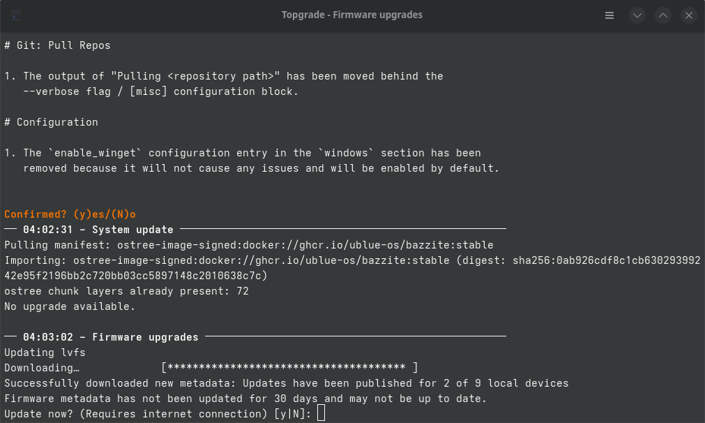 このメッセージが出たら再び「Y」キーで先へ。これで最新のアップデートがダウンロードされる。終了したら再起動することも忘れずに