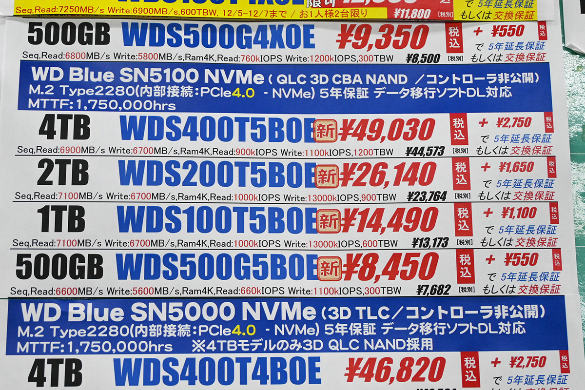 Sandisk「WD Blue SN5100」店頭価格表(12月6日撮影)