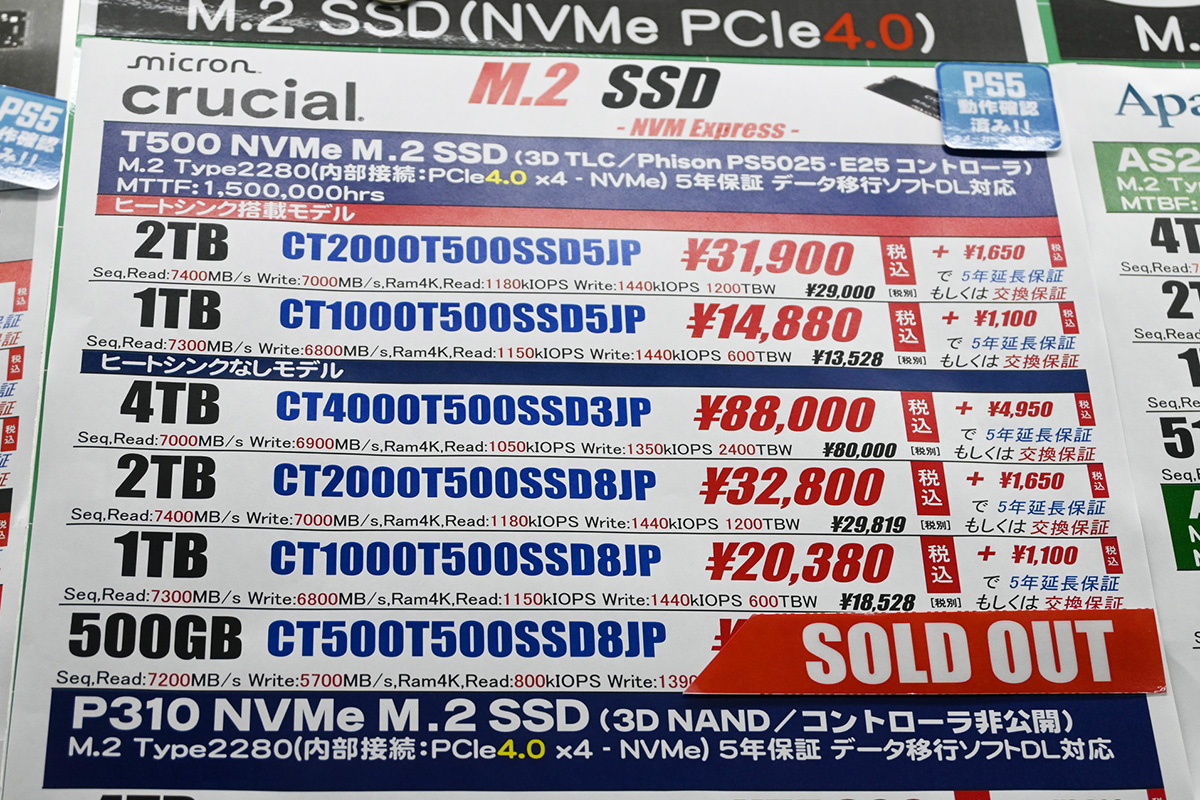 Crucial「T500」店頭価格表(12月6日撮影)