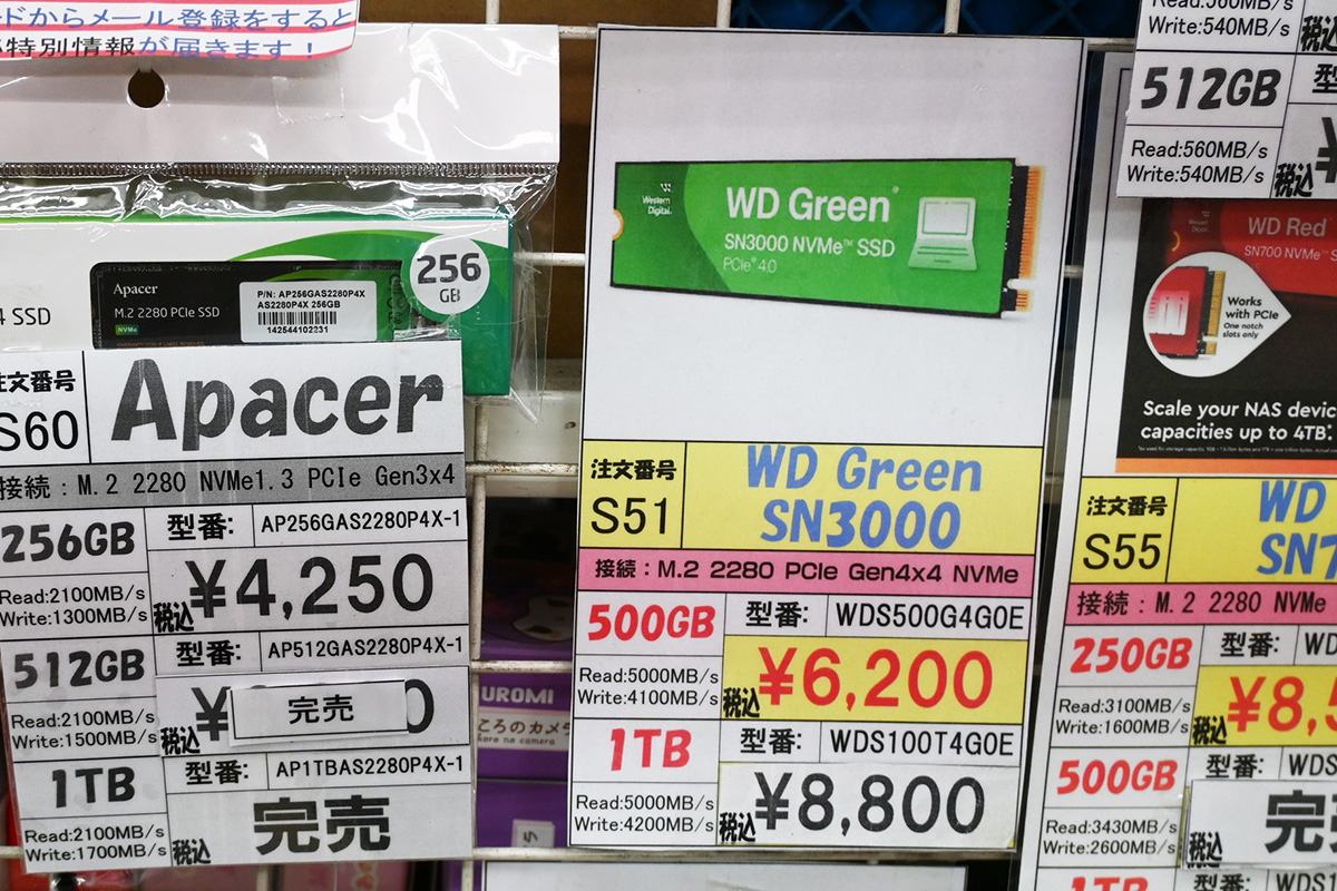 Western Digital(SanDisk)「WD Green SN3000」500GBが6,200円、今回のNVMe・500GBクラスで最安(12月6日撮影)