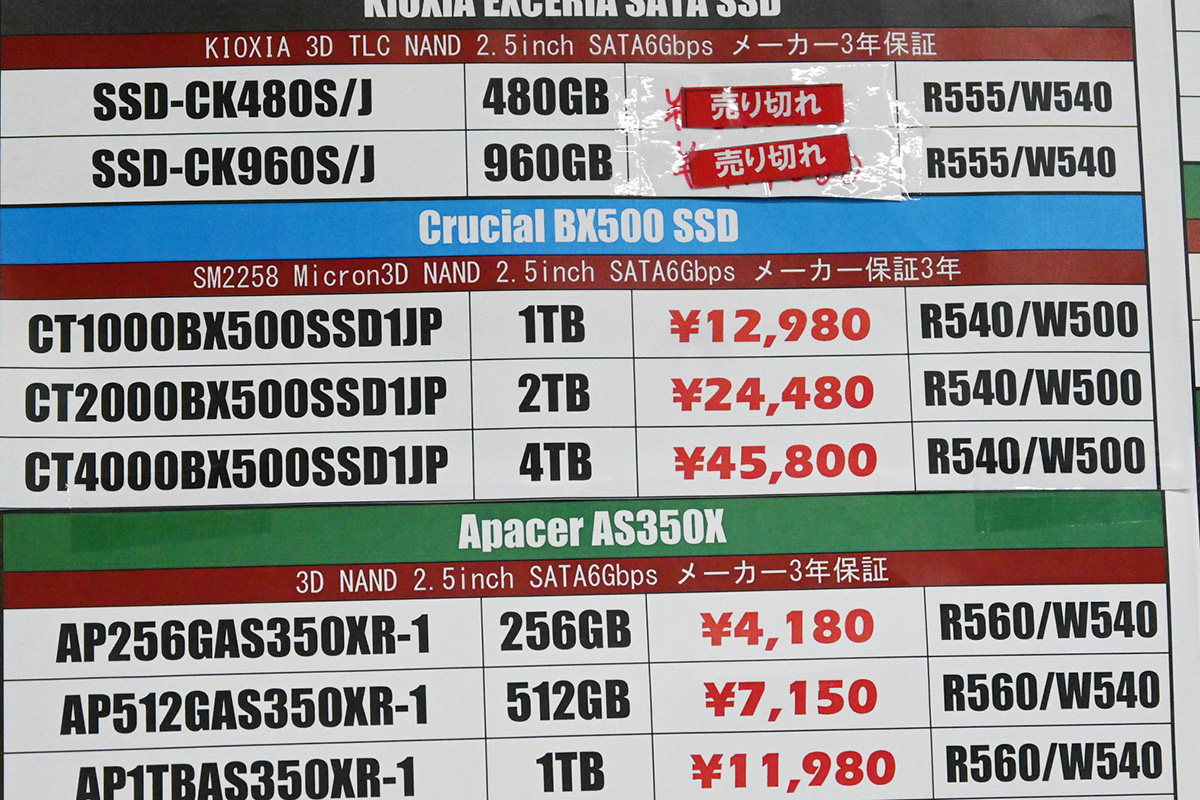 Crucial「BX500」店頭価格表(12月6日撮影)