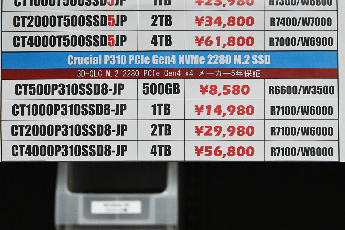 Crucial「P310」店頭価格表(12月6日撮影)