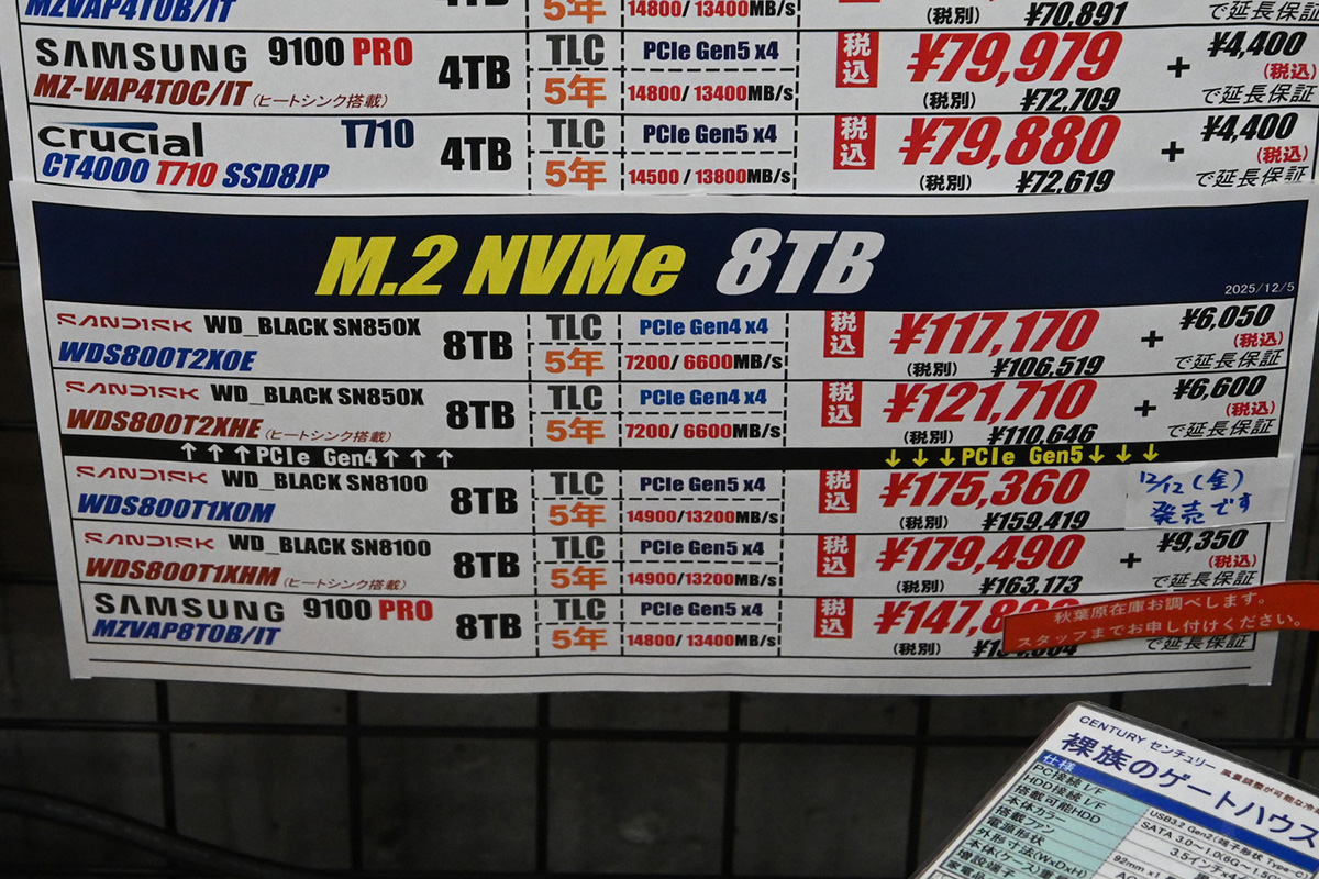 Sandisk「SN8100」8TBのヒートシンク非搭載版は12月12日(金)発売予定(12月6日撮影)