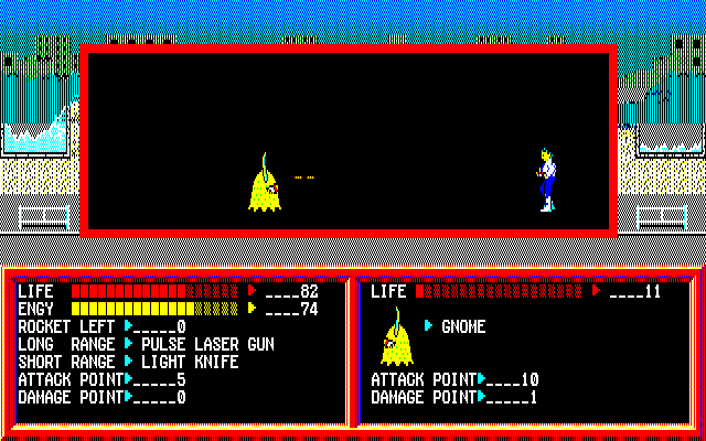 戦闘シーンはアクション風味になっていますが、装備さえ整っていれば接敵して攻撃ボタンを叩きまくれば勝てます。遠距離攻撃をゲットすれば、威力は弱いものの離れた場所から撃つのが安全。ただし、そればかりを繰り返すと防具の熟練度が上がらないというデメリットも。