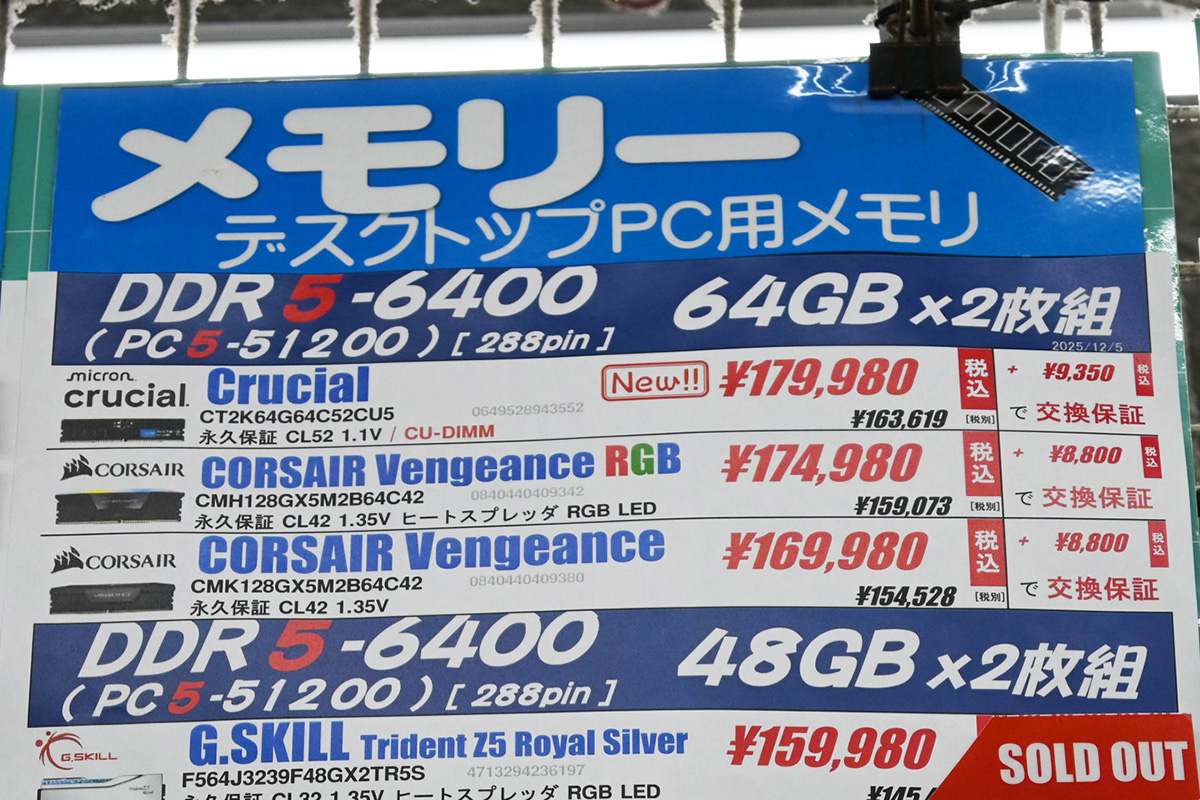 「DDR5-6400」64GB×2枚組が169,980円、DDR5 DIMM 64GB×2枚組で今回の最安(12月6日撮影)