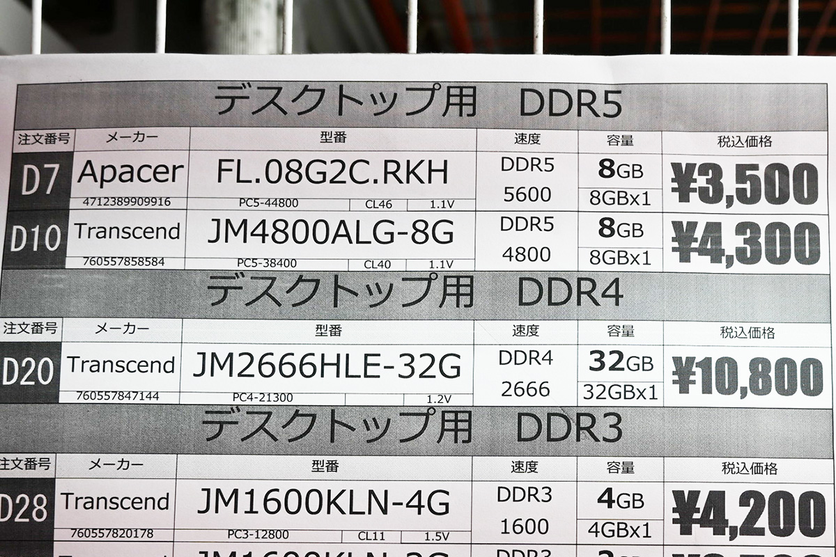 「DDR5-5600」8GB(1枚)が3,500円(12月6日撮影)