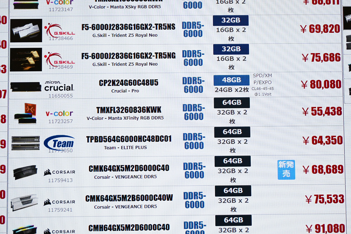 「DDR5-6000」32GB×2枚組が55,438円、DDR5 DIMM 32GB×2枚組で今回の最安(12月6日撮影)