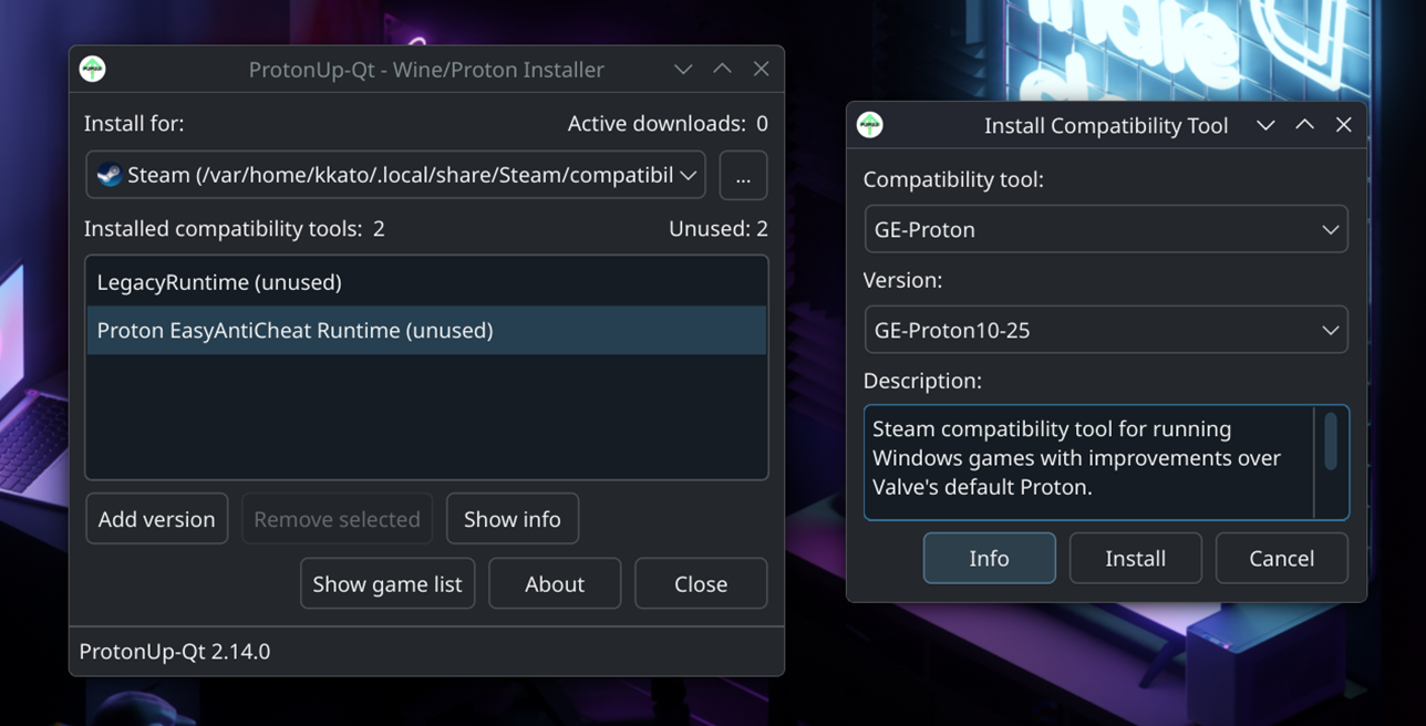 ProtonUp-Qtのメインウィンドウ(左)が出現したら「Install for」でSteamが選択されていることを確認。その後「Add version」へ進むと右のウィンドウが表示される。上から「GE-Proton」、「GE-Proton10-25」を選択することでGE-Proton10-25が導入できる(もしくは導入時点での最新のGE-Protonを選択・導入)。最後に「Install」をクリックすれば、あとは全自動でやってくれる