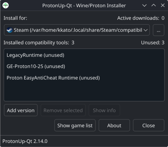 作業が終わると中段の一覧にGE-Proton10-25が追加される。これでSteamにGE-Protonのバージョン10-25が組み込まれたわけだ。ここでSteamクライアントを一旦終了し、再び起動しておこう