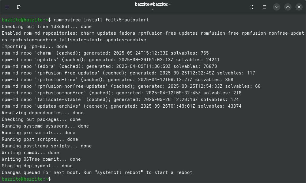 ターミナルからfcitx5-autostartをインストールする。終了したら普通にスタートメニューから再起動しよう。再起動すると画面上に警告メッセージが出るが、無視してよい