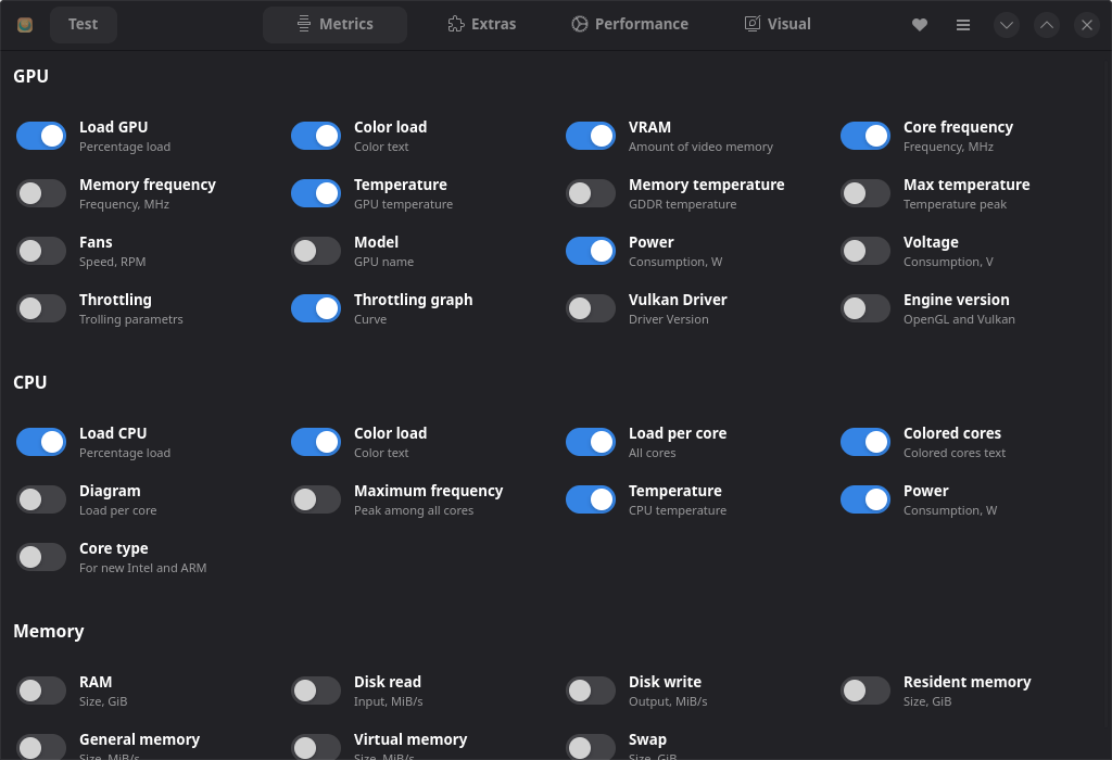 Mangojuiceの画面。MangoHUDでオーバーレイ表示させたい項目をONにするだけ。右上にある「Test」ボタンでプレビュー可能だ