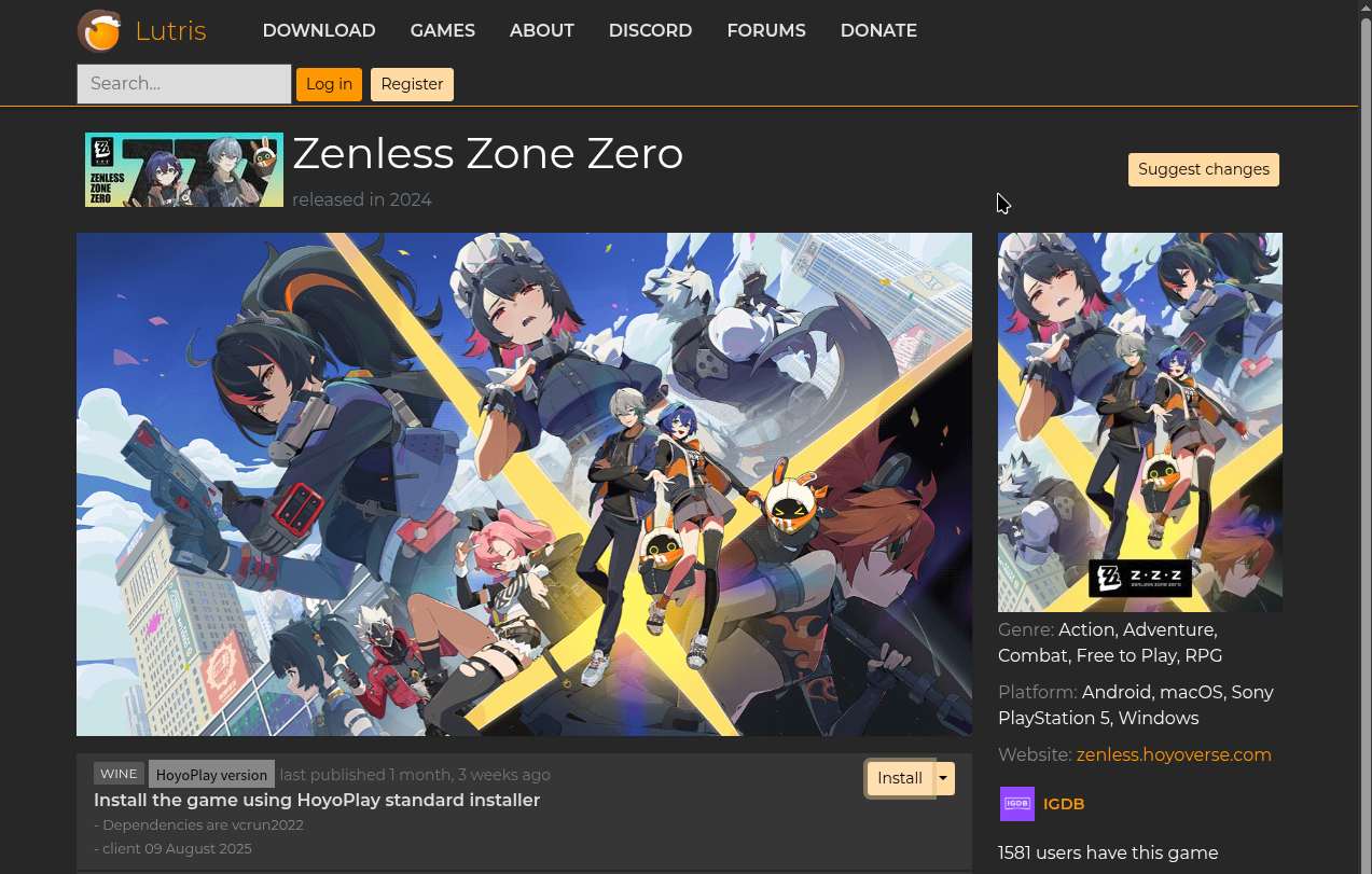 Webブラウザー(標準はFirefoxだが、好きなブラウザーをBazaarで入手するとよい)で<a href="https://lutris.net/" class="n" target="_blank">Lutris公式サイト</a>へアクセスし、検索からZenless Zone Zeroの情報ページへ移動。ページ下方にあるInstallボタンのうち、「Wine」と分類されているほうのボタンを押す