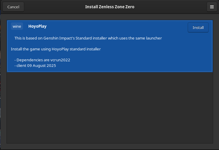 するとLutrisのUIが起動するので、右上の「Install」ボタンを押す。まずはランチャーであるHoyoPlayのインストールからだ