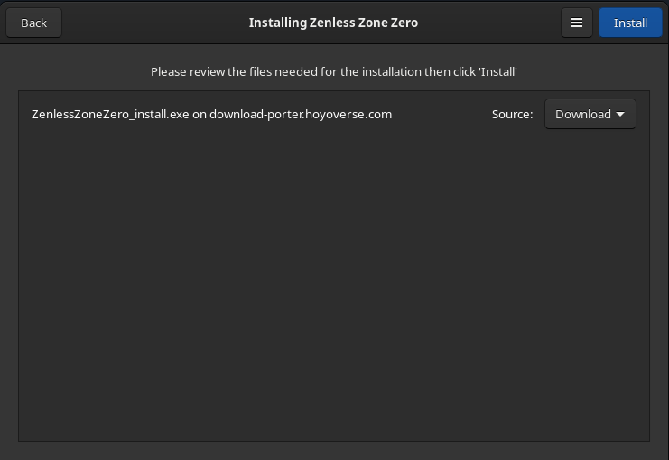 デフォルトではHoyoPlayのインストーラーをネットで落とす設定。すでに手元にあるなら右のSourceを変更しローカルにあるファイルを直接指定することも可能