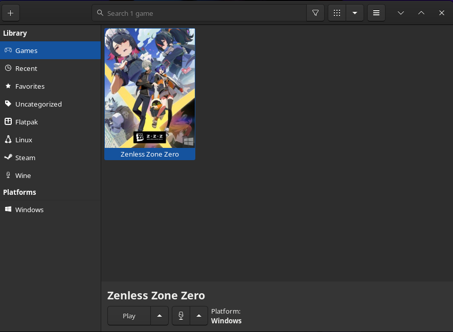 LutrisにZenless Zone Zeroが登録された。下のPlayボタンで起動する