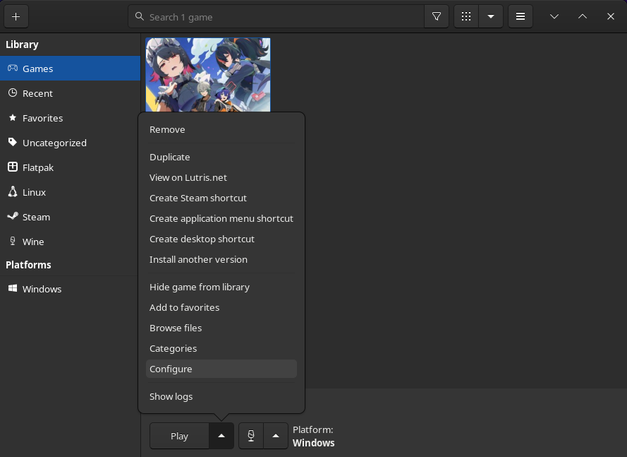 LutrisでMangoHUDを使いたい場合は、Playの横にある▲から「Configure」を選択