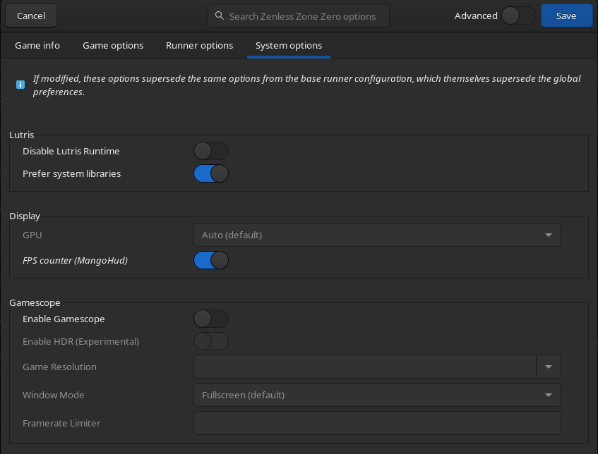 「System Options」から「FPS counter (MangoHUD)」をONに設定。右上の「Save」ボタンも忘れずに