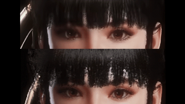 「Stellar Blade」にPROTON_FSR4_UPGRADE=1を指定しFSR 4を有効化した場合(上)と指定せずFSR 3で起動した場合(下)の画質比較。FSR 3では前髪のような細かい部分のディテールが激しく劣化するが、FSR 4でAIによるアップスケール処理をすることで画質が大幅に向上する。図は解像度フルHD、画質「とても高い」設定でキャプチャーしたもの<a href="http://image.watch.impress.co.jp/ah/2070/656/38_animation.gif" class="n" target="_blank">(アニメーションで確認/41MB)</a>