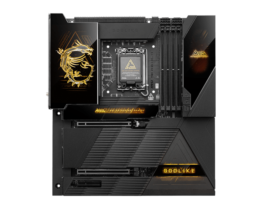 「MEG Z890 GODLIKE」<br>26+2+1+1フェーズ110A SPSの電源回路を持つ超ハイエンドZ890マザー。CPU温度やファンの回転数などを表示できる3.99型液晶、拡張カードと合わせて8基のM.2スロットを用意するなど、性能も拡張性も強烈に高い