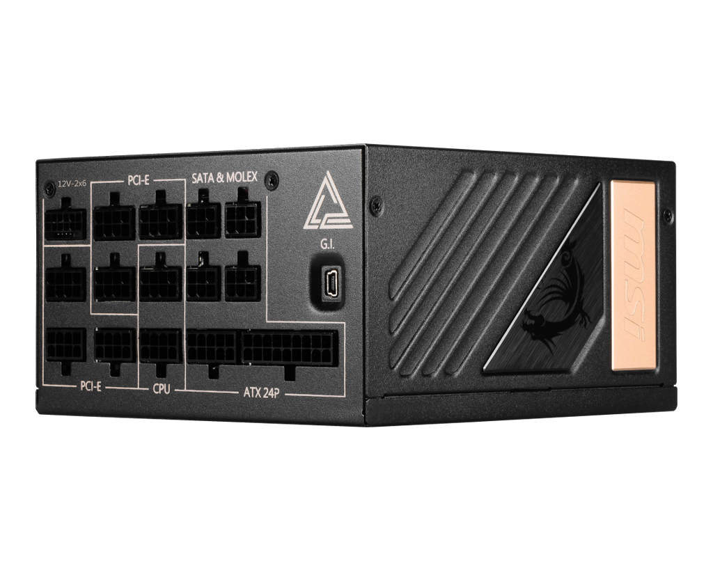 「MEG Ai1300P PCIE5」<br>1,300Wの大出力に加え、80PLUS Platinum/Cybenetics ETA PLATINUM認証を取得しており、電源変換効率もトップクラスだ。PCIe 5.1/ATX 3.1に準拠し、ファンは12cm角で奥行きは16cm。保証は10年と非常に長い