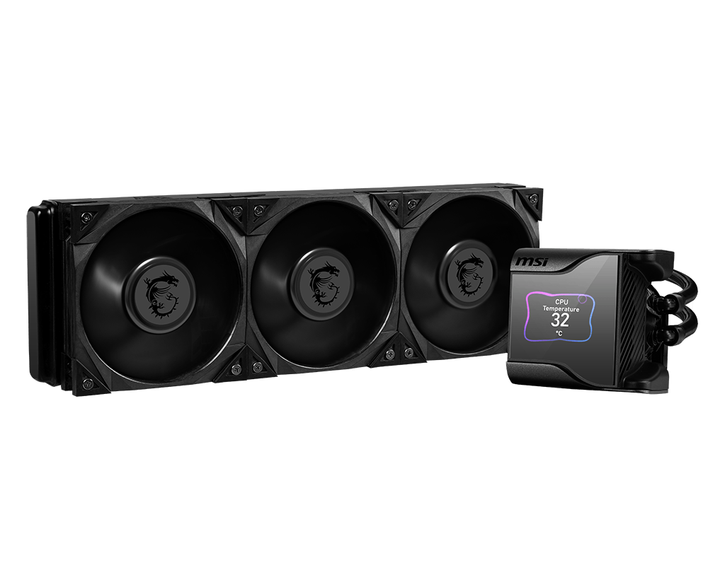 「MEG CORELIQUID S360」<br>36cmクラスの簡易水冷クーラー。静音性の高い冷却ファン(LEDは内蔵しない)、2.4型の液晶を備える水冷ヘッドはマザーボードの電源回路周辺も冷やせるファンを内蔵。充実のスペックを持つ