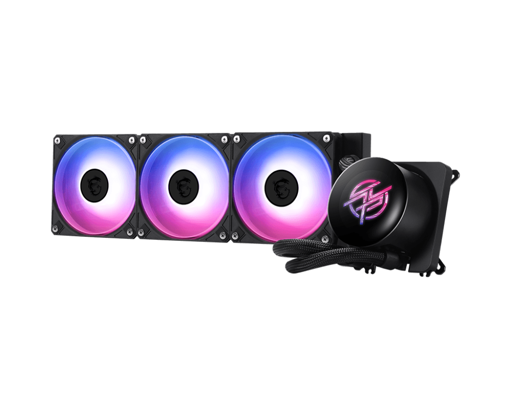 「MPG CORELIQUID P13 360」<br>ARGB LEDファン3基搭載の水冷クーラー。2.1型液晶内蔵水冷ヘッド、各部をつなぐケーブルが目立たない設計、水冷ヘッド固定ネジを隠す「EZ CAP」など、細部のデザインにもこだわる。ホワイトモデルも用意<br><span class="fnt-60">(※2026年春頃発売予定)</span>