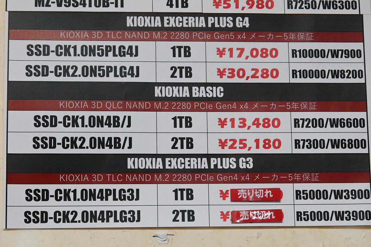 キオクシア「EXCERIA BASIC」の店頭価格表(12月13日撮影)