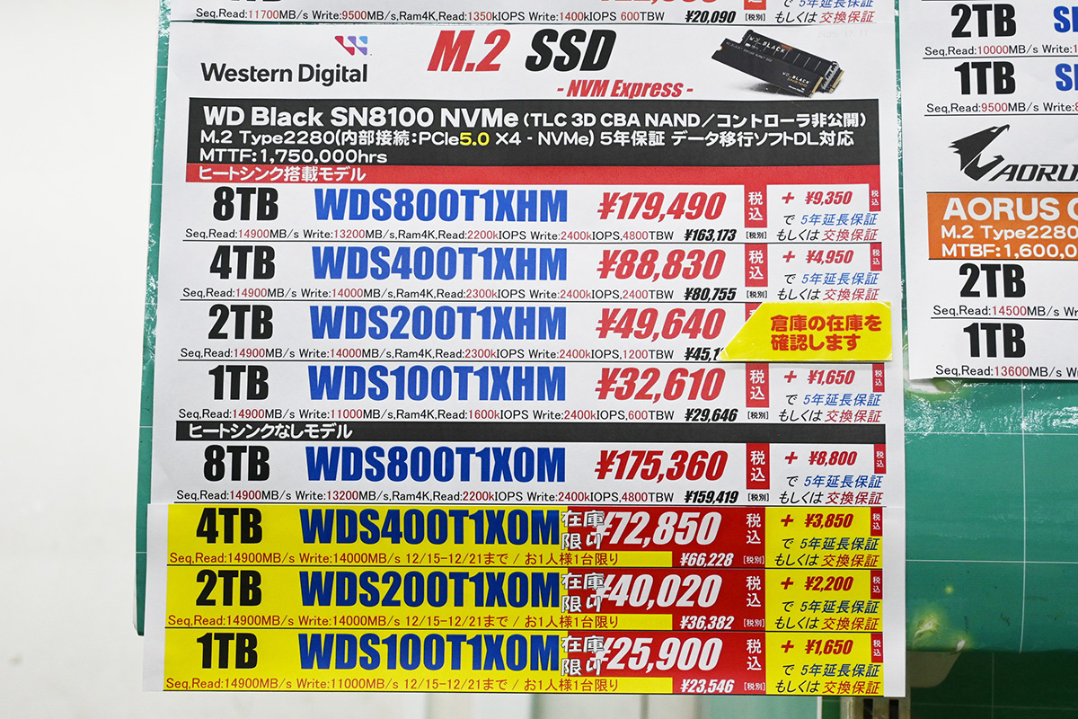 Western Digital(SanDisk)「WD Black SN8100」店頭価格表(12月20日)