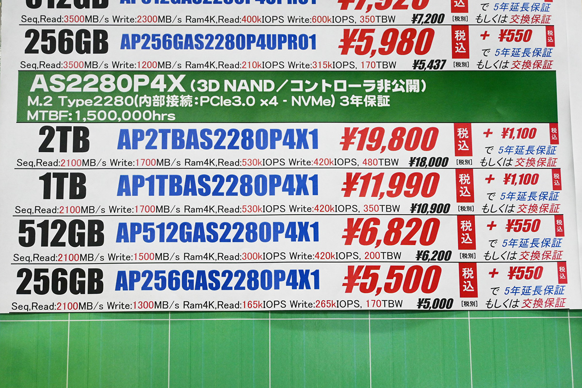 Apacer「AS2280P4X」2TBが19,800円、2万円以下で買える2TB SSDは今や希少(12月20日撮影)
