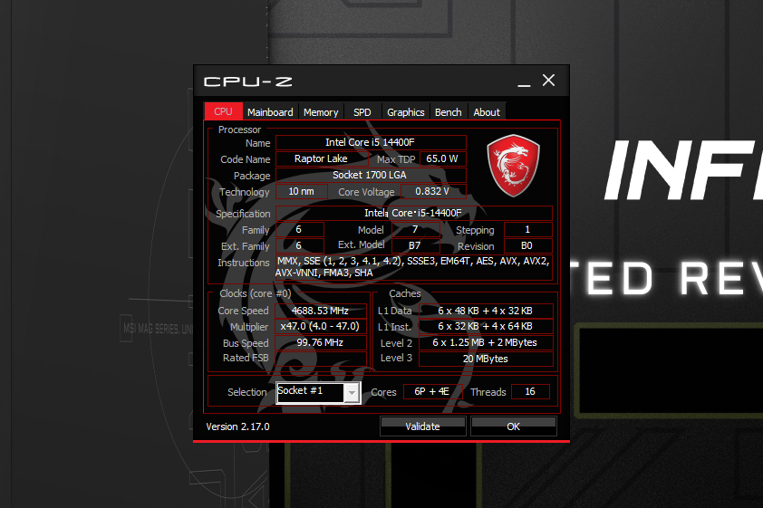CPU-Zのステータス画面、搭載CPUはCore i5-14400F