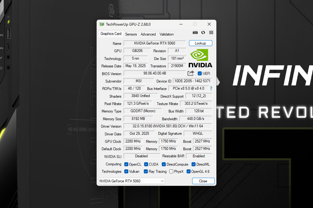 GPU-Zのステータス画面、搭載GPUはGeForce RTX 5060