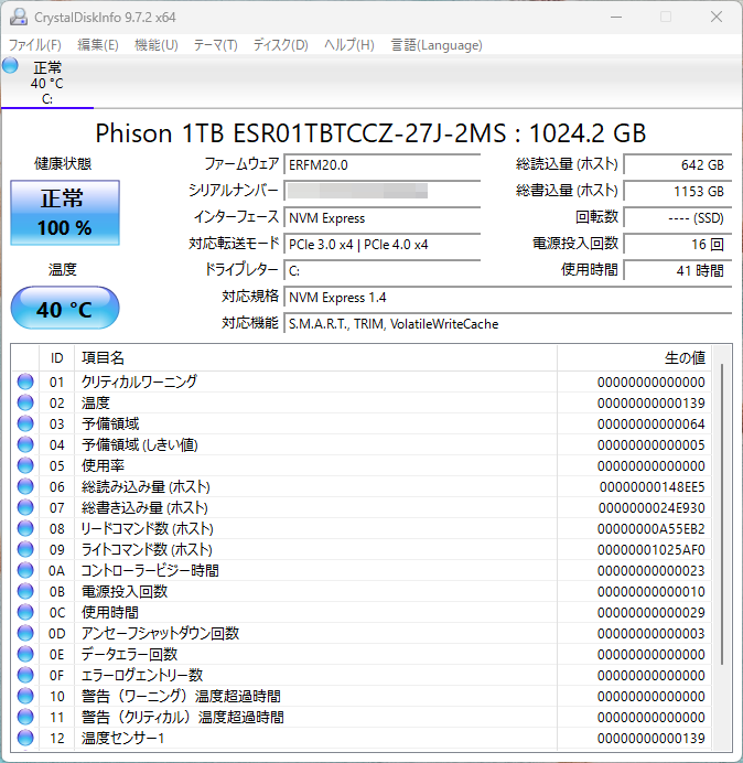 CrystalDiskInfoによるSSDのステータス、Phison製の1TB SSDが搭載されている