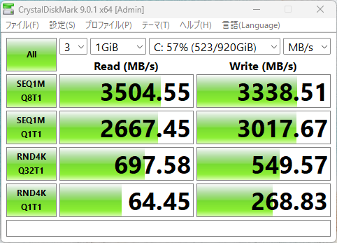 シーケンシャルアクセスのベンチマーク結果はリード/ライトともに3GB/sを超える