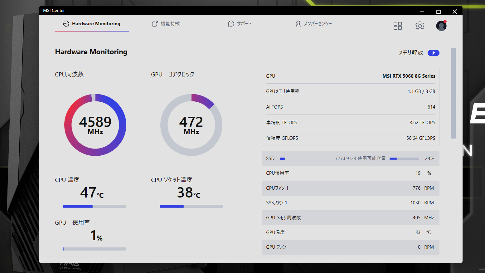 PCの動作状況をリアルタイムで確認することも可能