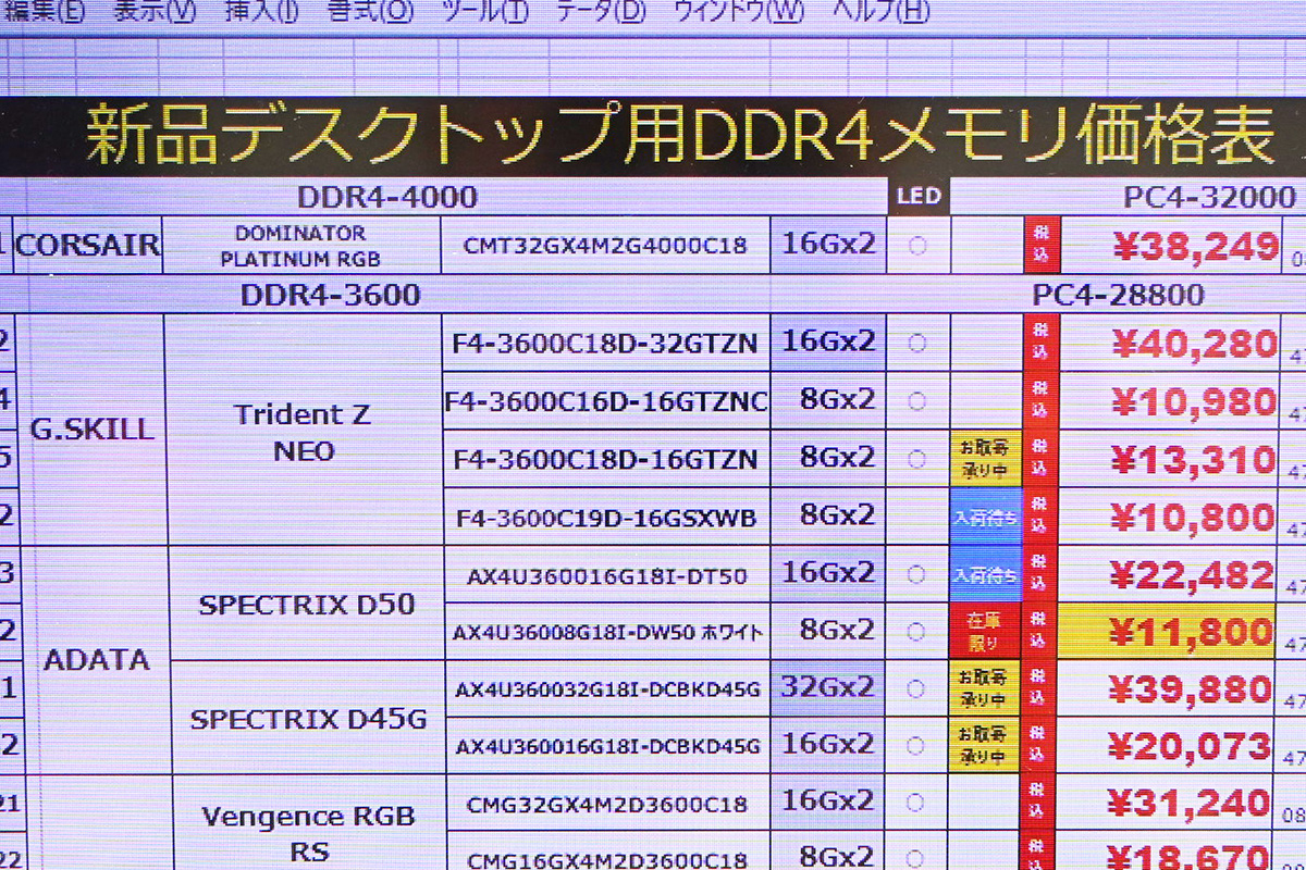「DDR4-3600」8GB×2枚組が10,980円、安値がひっそり残っていた(12月20日撮影)