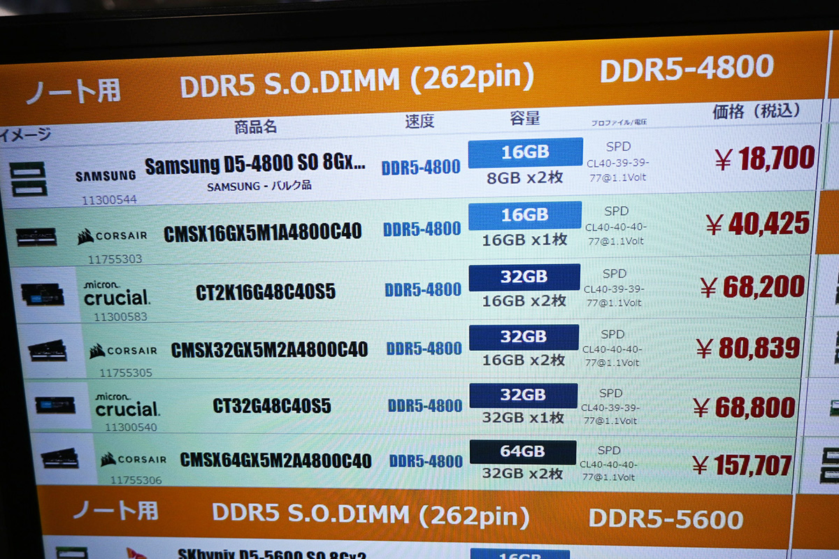 SO-DIMM「DDR5-4800」8GB×2枚組が18,700円、2万円以下で買えるDDR5 SO-DIMMはこれだけ(12月20日撮影)