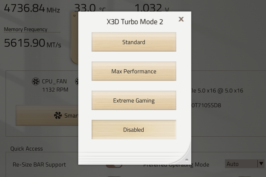 X3D Turbo Mode 2.0の設定はBIOSメニューで行える。Ryzen 9000X3D系のCPUでは、デフォルトの「オフ(Disable)」のほか、3つの動作モードが選択可能だ
