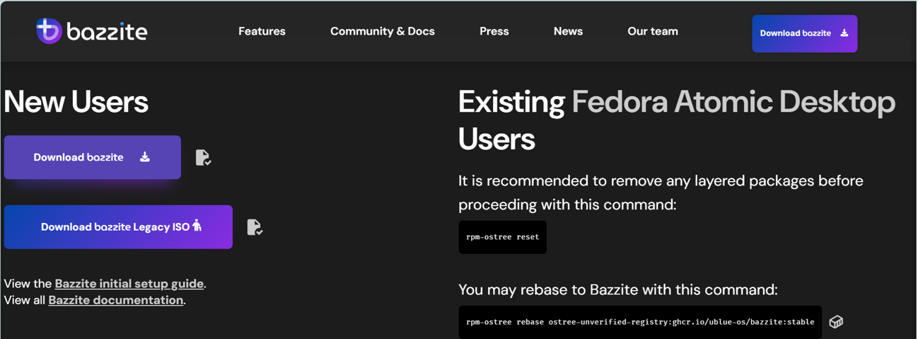 <a href="https://Bazzite.gg" class="n" target="_blank">Bazziteの公式サイト</a>からインストール用ISOイメージを落とそうとすると、最終的に2種類のダウンロードボタンが出現する(ここにいたる手順は前々回の記事のとおり)。上のボタンはLiveイメージ、下のボタンが従来のUIを使用したLegacyイメージとなる