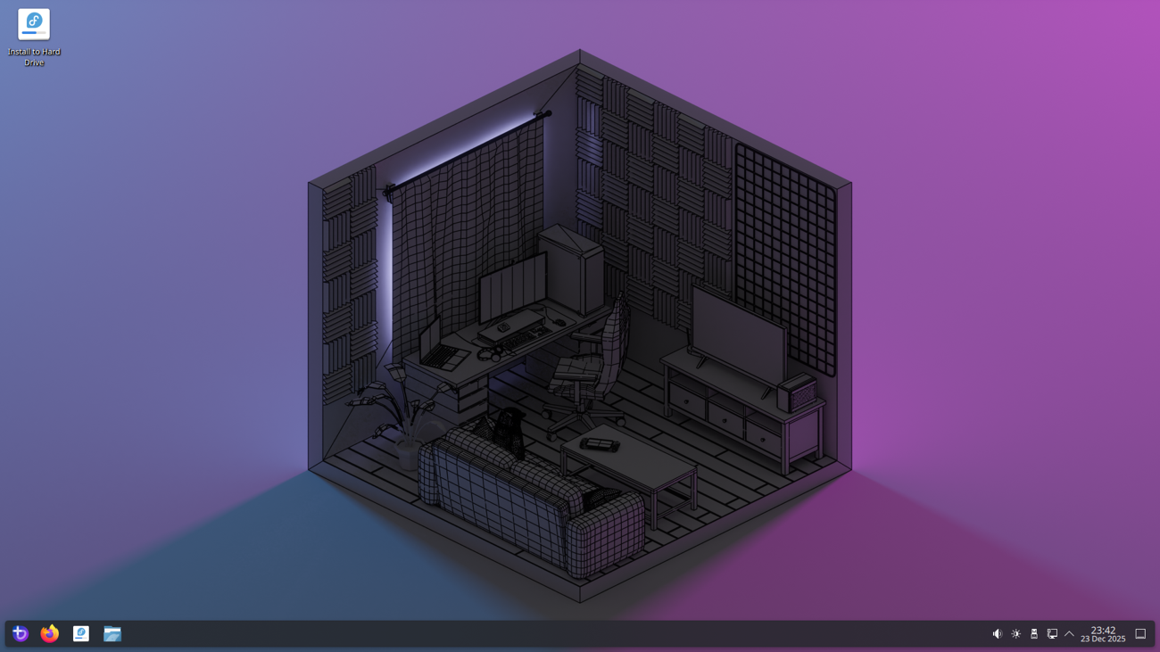 BazziteのLiveイメージ(KDE版)で起動したところ。UIのルック&フィールを試したい人にはちょうどよいが、パフォーマンス検証には適さない。Bazziteをインストールするには、デスクトップ左上のアイコンをダブルクリックする