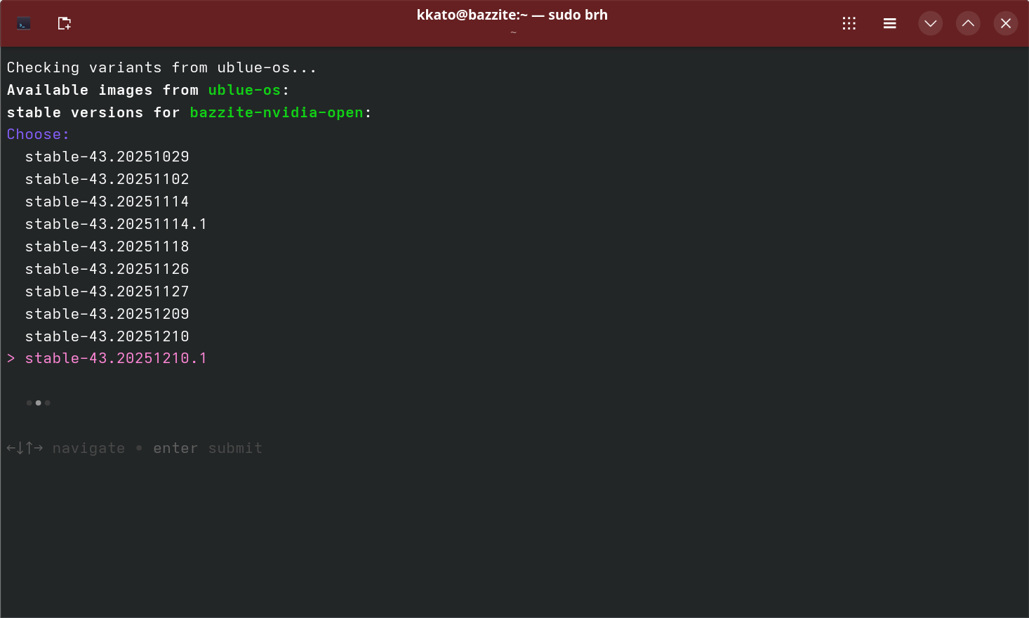 すると該当するイメージのリストがズラッと表示される。特別な理由がなければ、リストの末尾のものを選ぶとよい。数字の意味は頭2ケタがBazziteの世代(原稿執筆時は43)、続く数値は日付(図の場合は2025年12月10日付け)を示している。末尾の.1はその日付のマイナーチェンジ(修正)版という位置付けだ