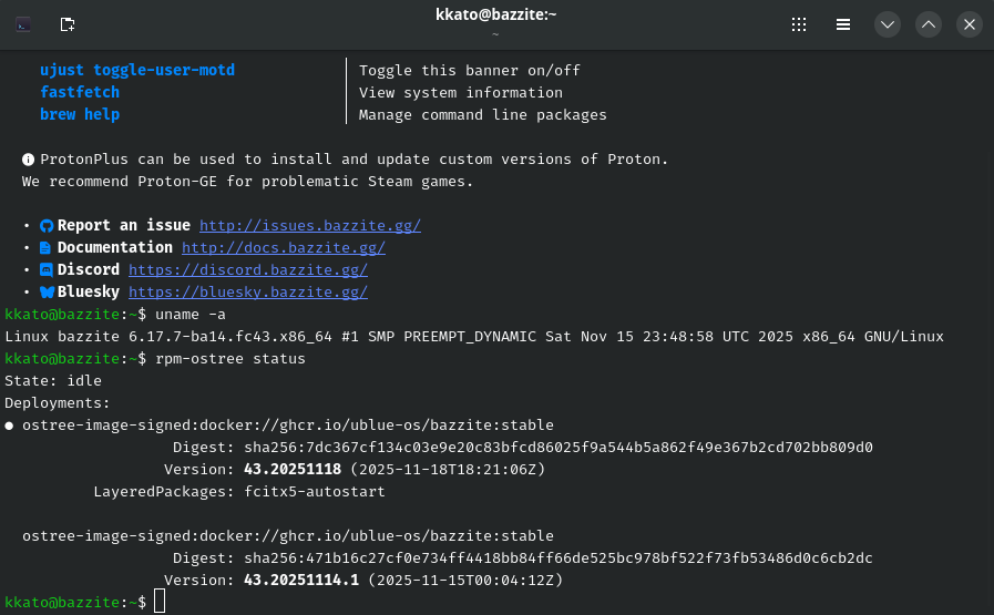 今回のBazzite環境。カーネル6.17、Bazziteのイメージは43.20251118を利用した