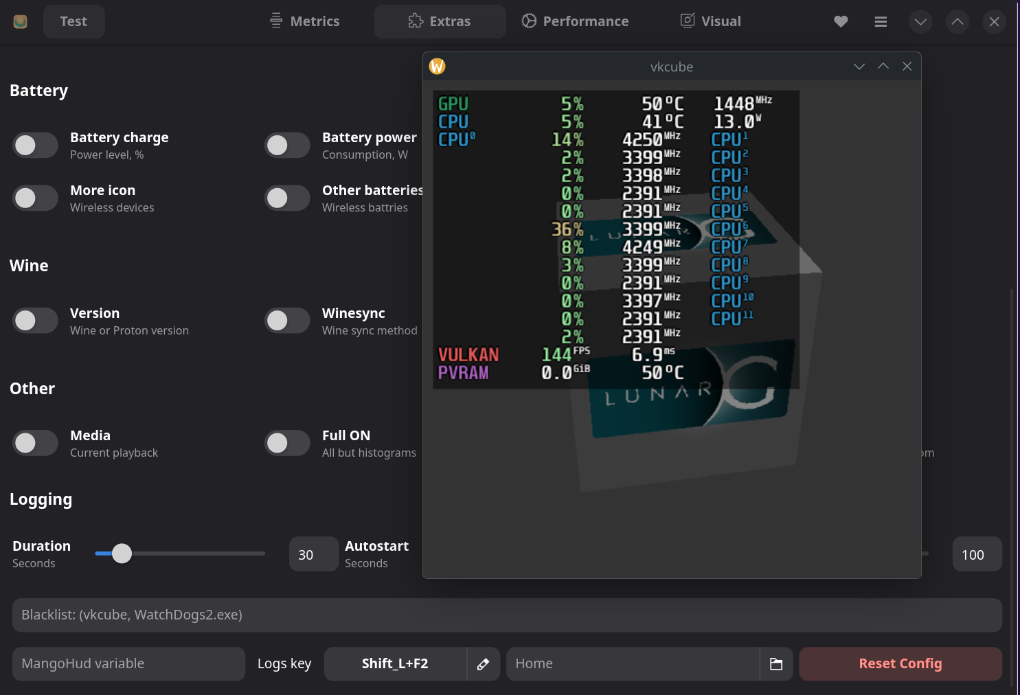 Bazzite環境におけるフレームレート計測はMangoHUDを利用した。図はMangoHUDのGUIラッパーである「Mangojuice」。図の最下段にフレームレート計測用のホットキー設定が見える
