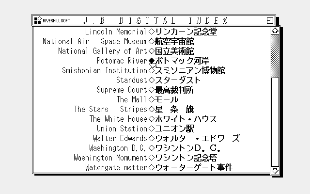 捜査を休憩するときに使うデジタルインデックスディスクには、ワシントンD.C.の見所などがリアルなCGで保存されているほか、解説テキストも付属しています。これを読むだけで、気分も盛り上がるというもの。