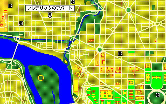 移動は、“捜査に出掛ける”を選択すると表示される大マップから区画を選び、続いて現れた地図からJ.B.マークをクリックするだけとシンプル。最初は少ないですが、ゲームが進行していくと行ける場所も増えます。
