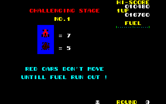 チャレンジングステージでは敵カーは動かないので、プレイヤーの思った通りに旗を回収できます。ただし燃料の消費が激しいので、あまりのんびりしているとガス欠の危険性も。最後にラッキー・チェックポイントをクリアしてしまうのも避けたいところです。