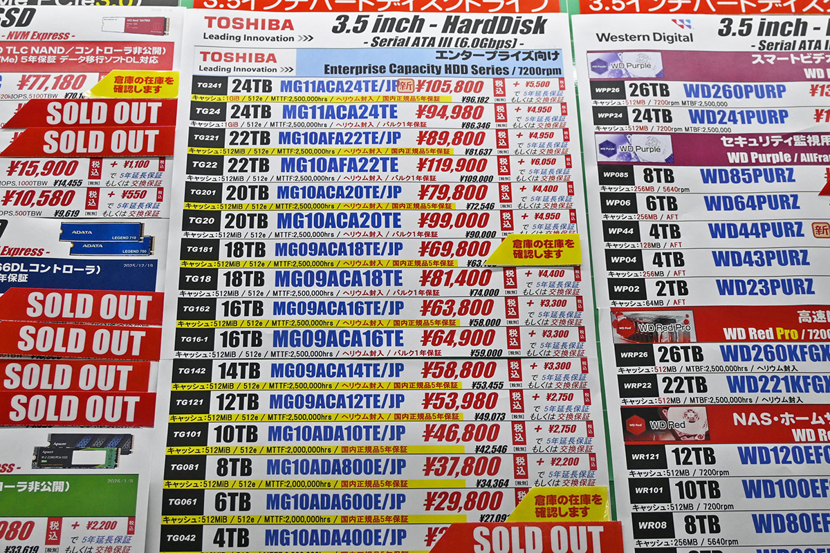 東芝「MG」店頭価格表(1月10日撮影)