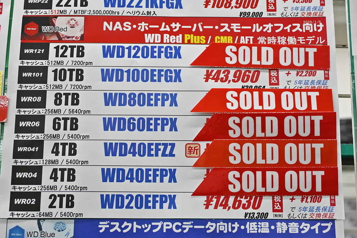 Western Digital「WD Red Plus」店頭価格表、品切れが多い(1月10日撮影)