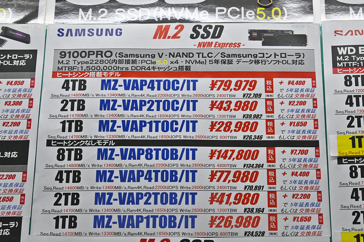 Samsung「9100 PRO」は値動きがないが、在庫ショップ数は減少(1月10日撮影)