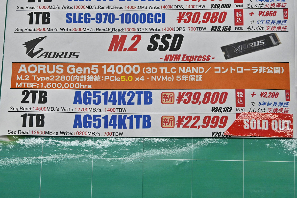 GIGABYTE「AORUS Gen5 14000」店頭価格表、14,000MB/s級・2TBクラスで4万円を切るのはこれだけ(1月10日撮影)