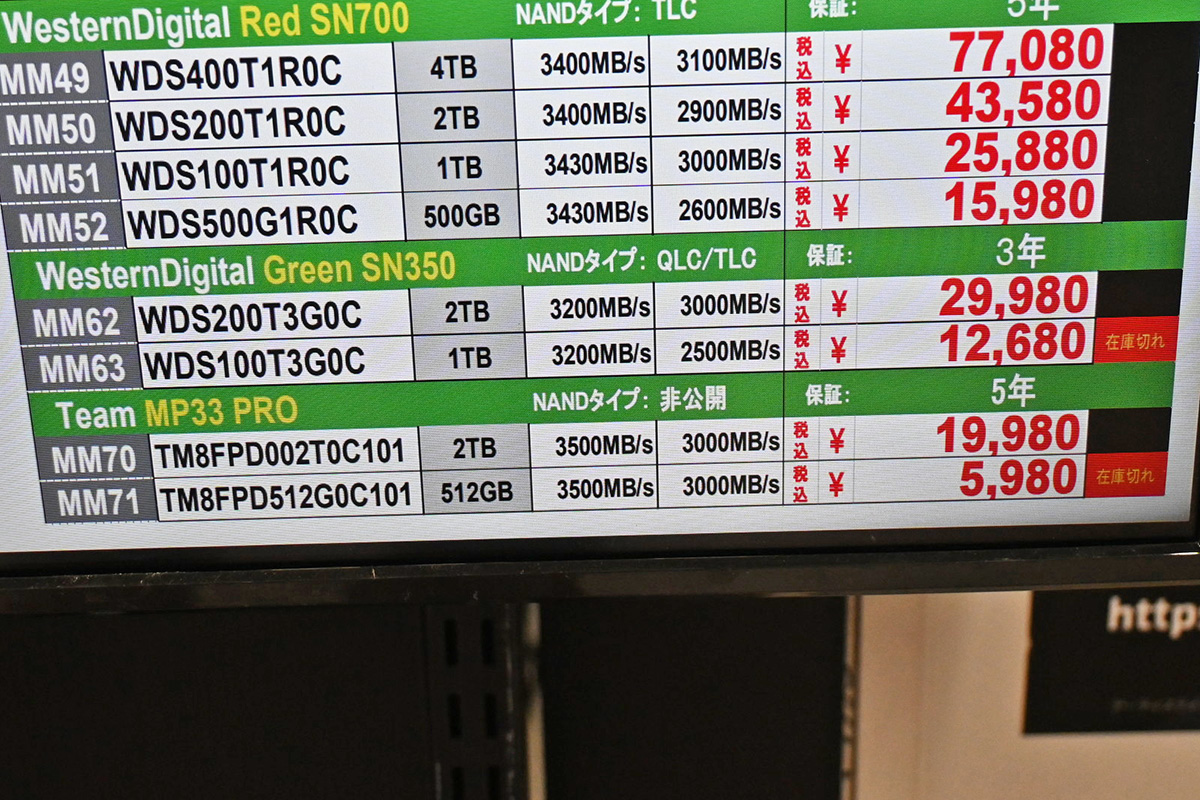TEAMGROUP「MP33 PRO」2TBが19,980円、M.2/NVMeタイプ2TBクラスで今回唯一の2万円以下(1月10日撮影)